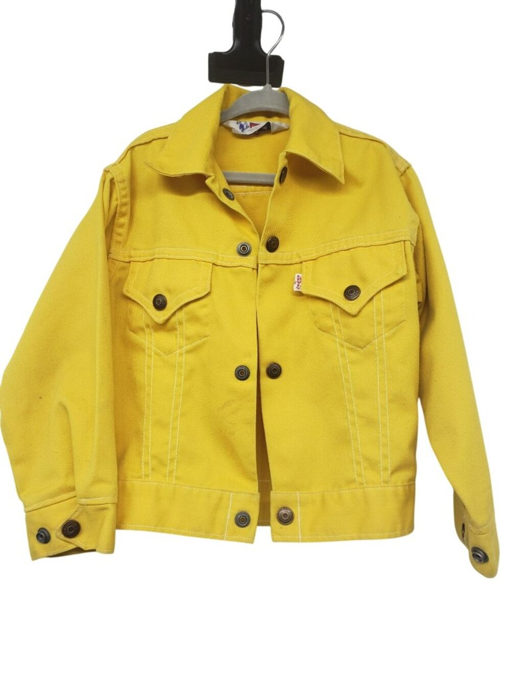 Vintage Levi's Saddleman Kids Youth Yellow Denim Jean Jacket FLAWS Girls Size 7 - Picture 15 of 16